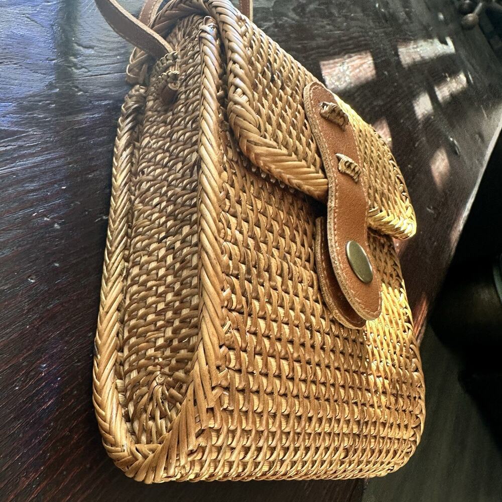 Rattan Crossbody Handbag S Brown Snap Flap Rectangle Lined Faux Leather Strap - Picture 11 of 16